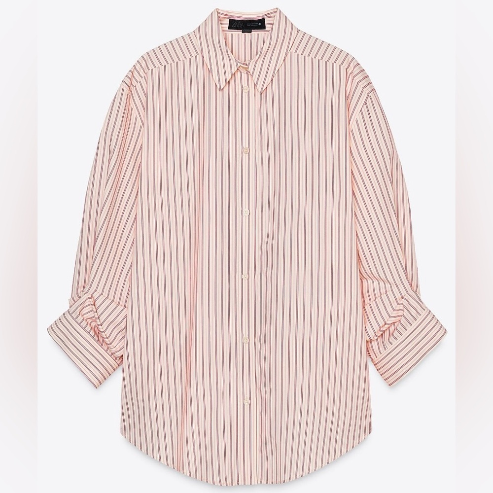 Zara Pink & Red Striped Cotton Button-Up Blouse | L | Shorter in Back | NWT - Picture 8 of 11
